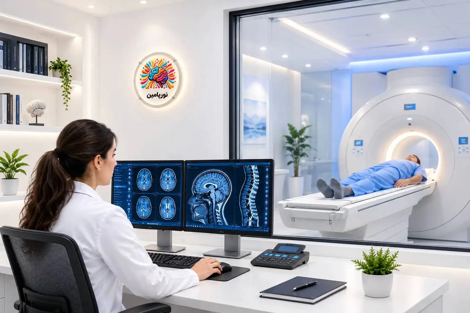 پزشک در حال بررسی تصاویر MRI مغز و ستون فقرات هنگام تصویربرداری بیمار