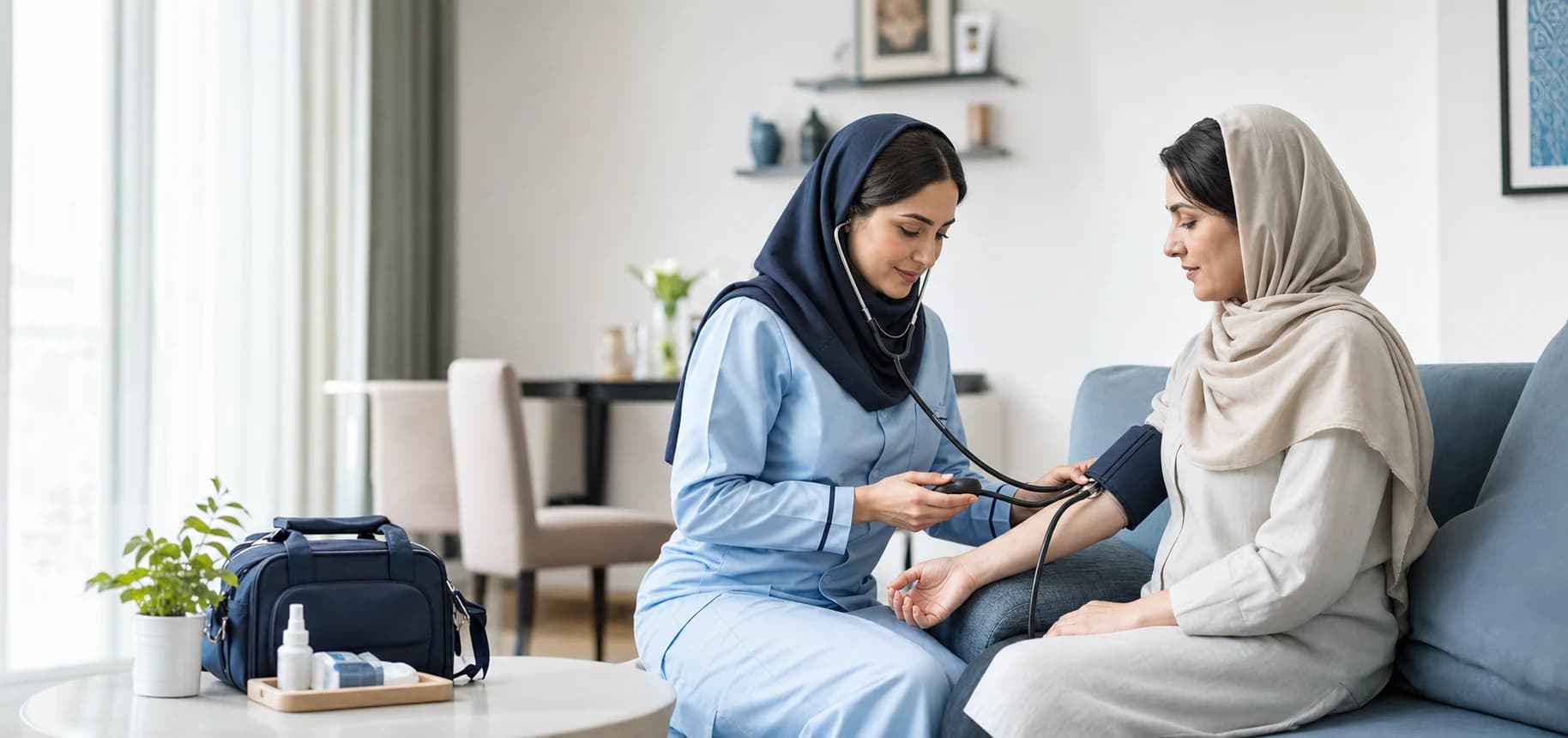 پرستار در حال پایش فشار خون بیمار در منزل