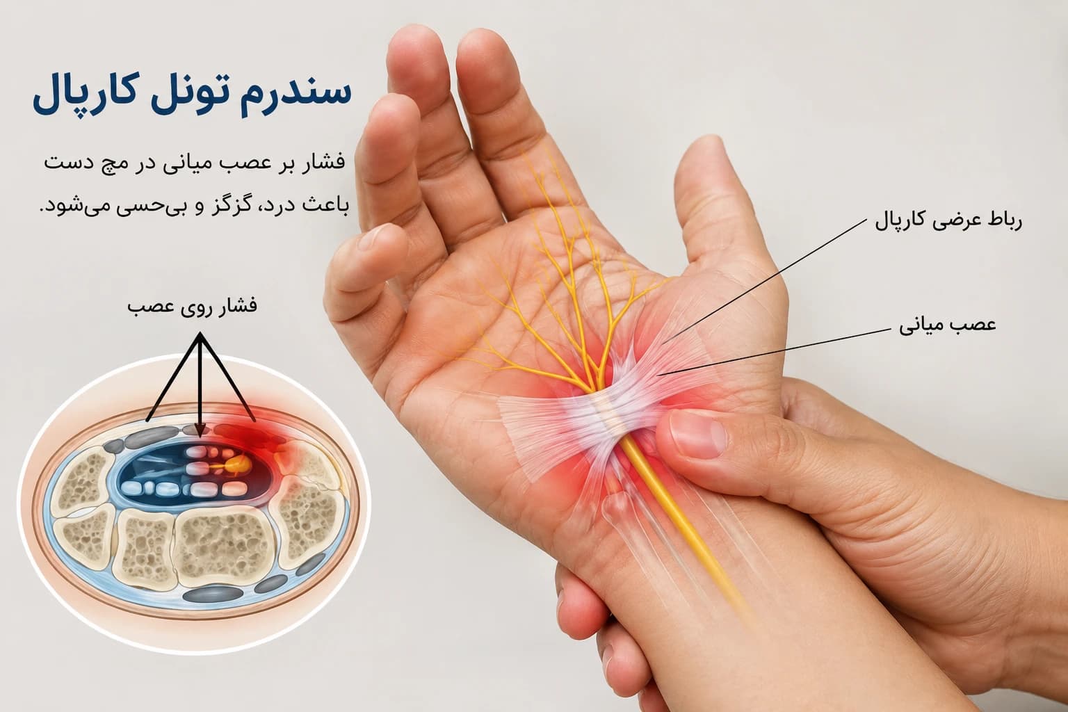 علائم سندرم تونل کارپال در دست  تست فالن برای تشخیص سندرم تونل کارپال  تست تینل در مچ دست  نوار عصب و عضله در سندرم تونل کارپال  جراحی آزادسازی تونل کارپال  جراحی آندوسکوپیک تونل کارپال