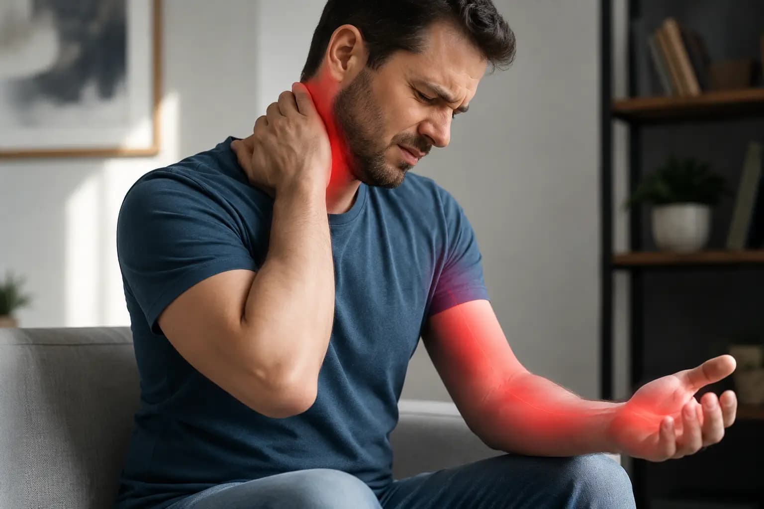 تصویر آناتومی دیسک گردن و فتق دیسک بین مهره‌های گردنی همراه با فشار روی ریشه عصب