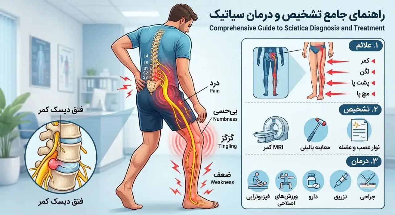 تصویر شماتیک از آناتومی ستون فقرات و نحوه فشار بر روی عصب سیاتیک به دلیل فتق دیسک کمر.